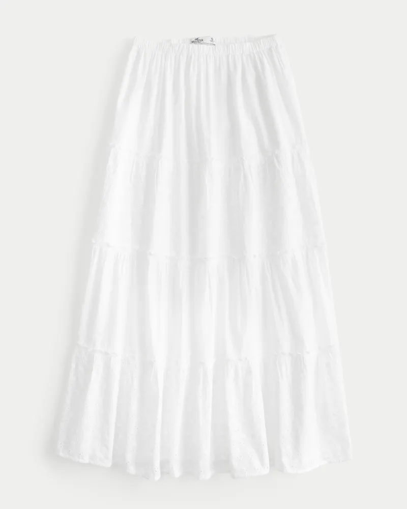 Adjustable Rise Tiered Eyelet Maxi Skirt