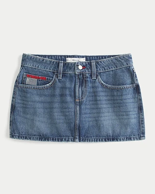 Low-Rise Medium Wash Flag Embroidered Denim Mini Skort