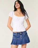 Low-Rise Dark Wash Pleated Denim Mini Skort