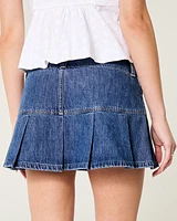 Low-Rise Dark Wash Pleated Denim Mini Skort