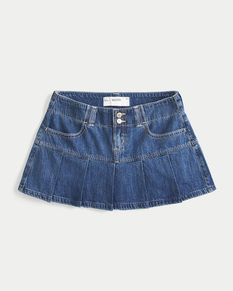 Low-Rise Dark Wash Pleated Denim Mini Skort
