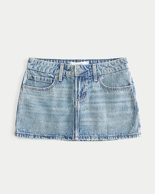 Low-Rise Rhinestone Denim Mini Skort