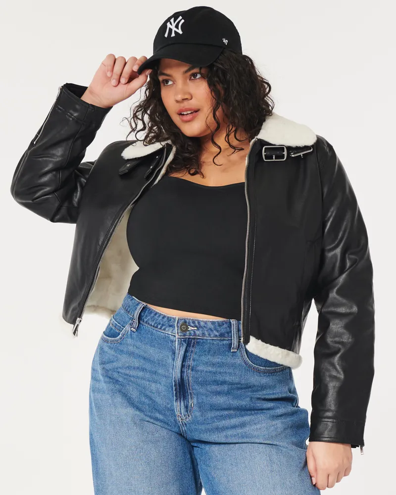 Faux Fur-Lined Vegan Leather Crop Biker Jacket