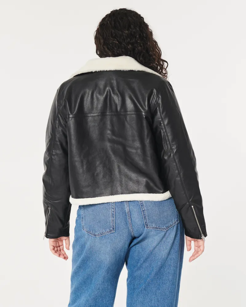 Faux Fur-Lined Vegan Leather Crop Biker Jacket