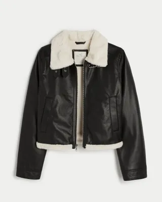 Faux Fur-Lined Vegan Leather Crop Biker Jacket