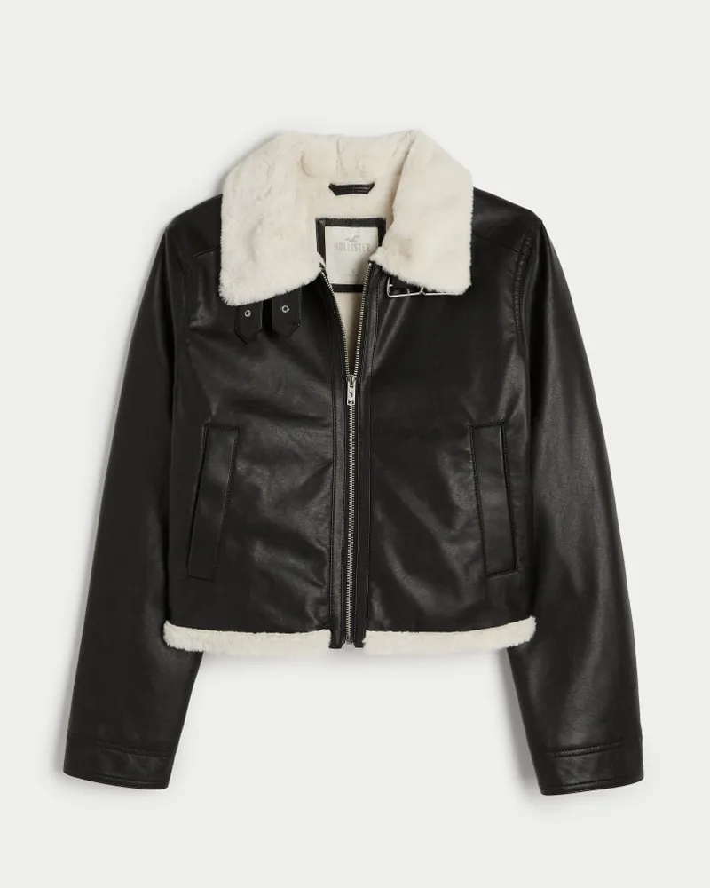 Faux Fur-Lined Vegan Leather Crop Biker Jacket