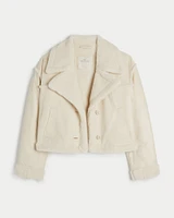 Sherpa-Lined Faux Suede Crop Biker Jacket