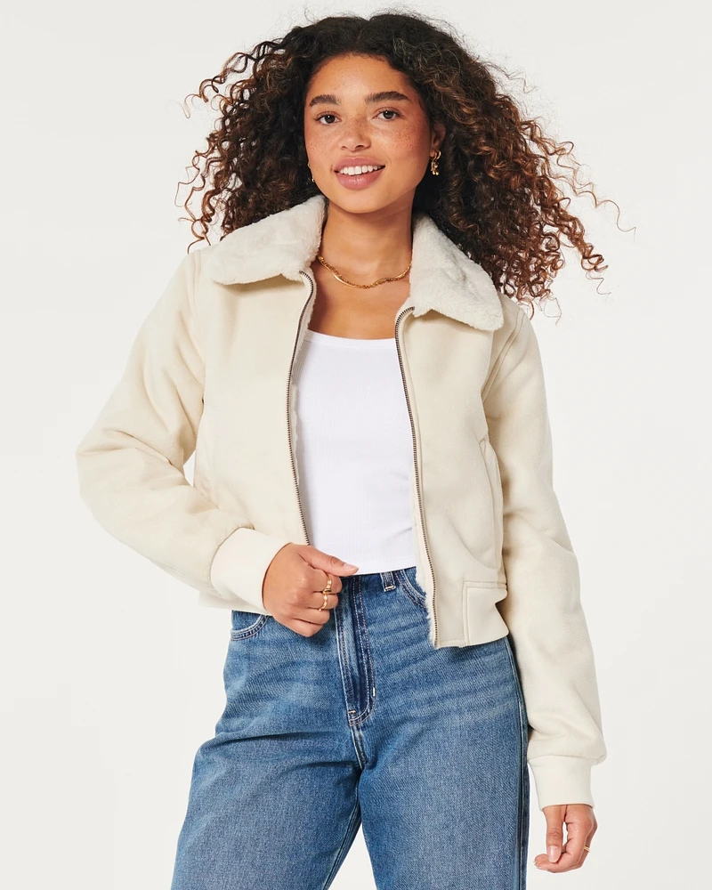 Faux Fur-Lined Suede Crop Bomber Jacket