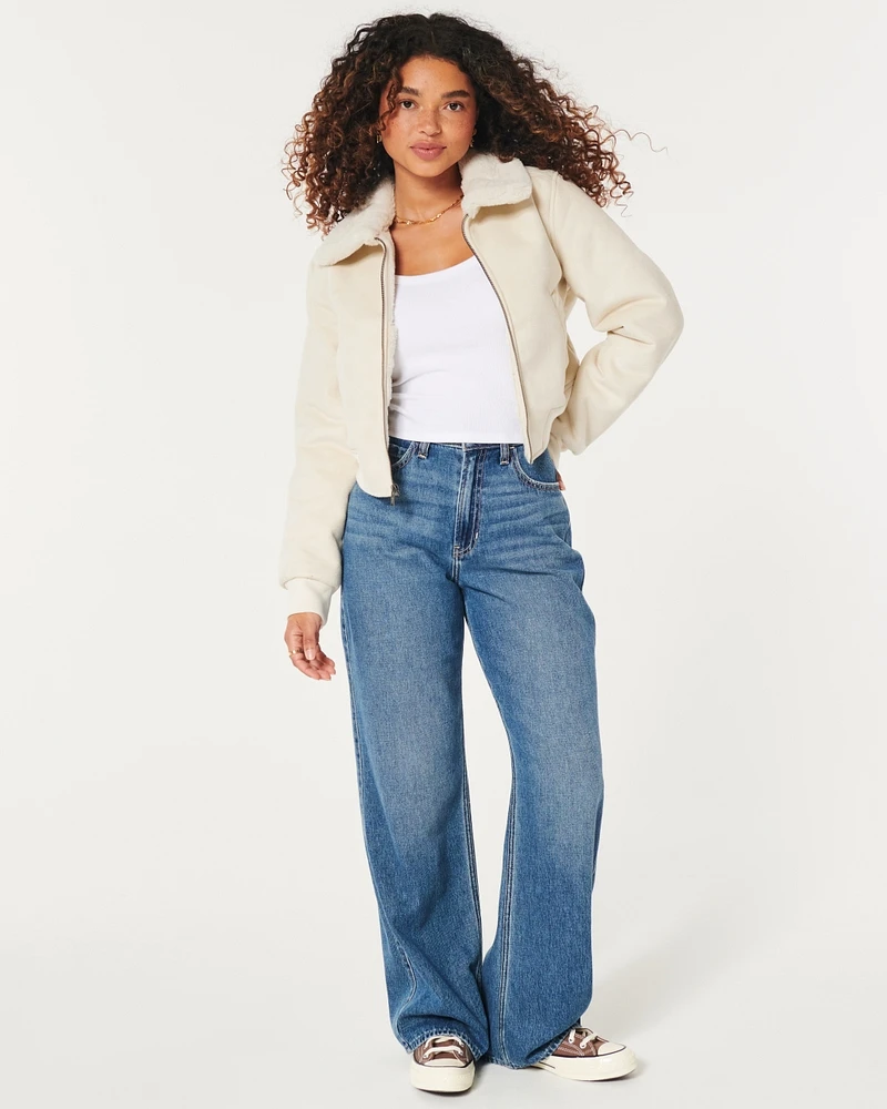 Faux Fur-Lined Suede Crop Bomber Jacket