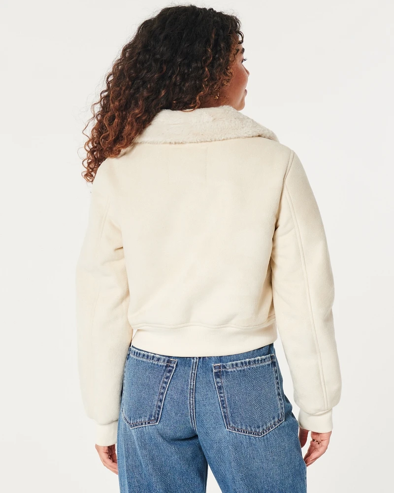 Faux Fur-Lined Suede Crop Bomber Jacket