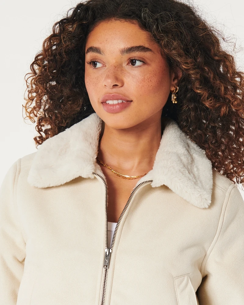 Faux Fur-Lined Suede Crop Bomber Jacket