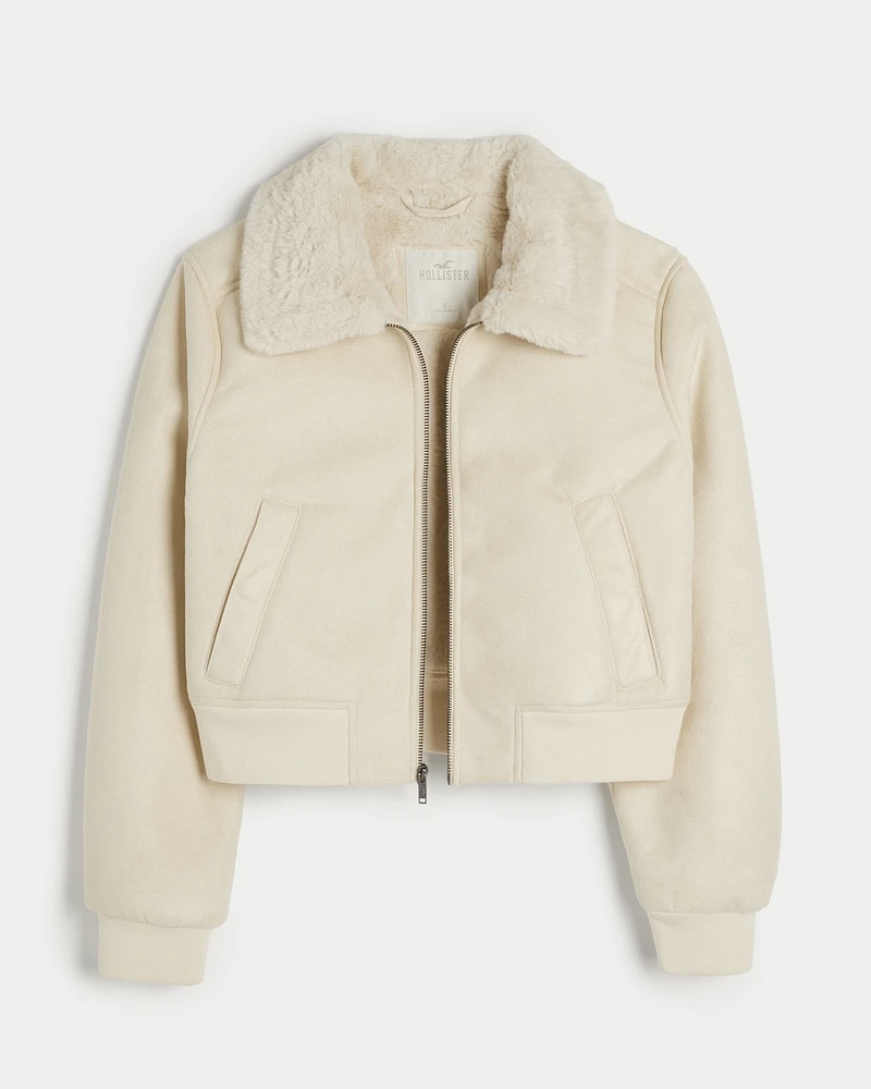 Faux Fur-Lined Suede Crop Bomber Jacket