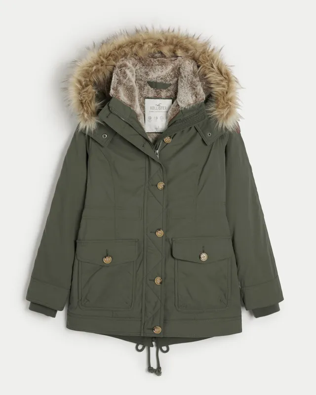 Hollister everyday faux fur trim hooded parka coat in green