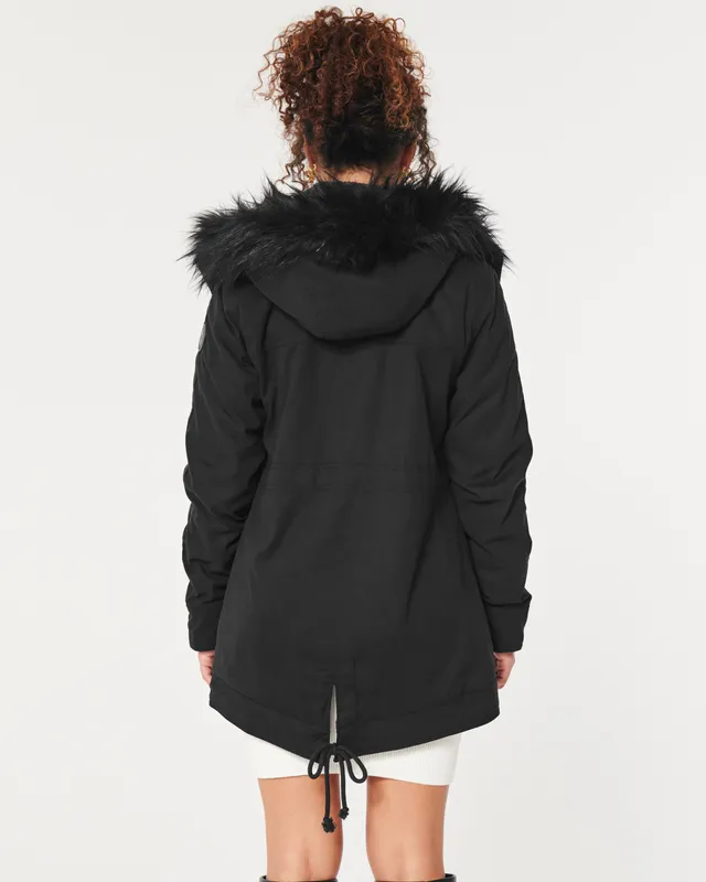 Hollister All Weather Faux Fur Trim & Lining Hooded Parka in Black