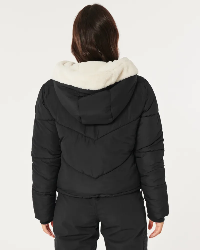 Hollister, Jackets & Coats, Womens Hollister Hooded Sherpa Lined Puffer Jacket  Coat Black Size Small