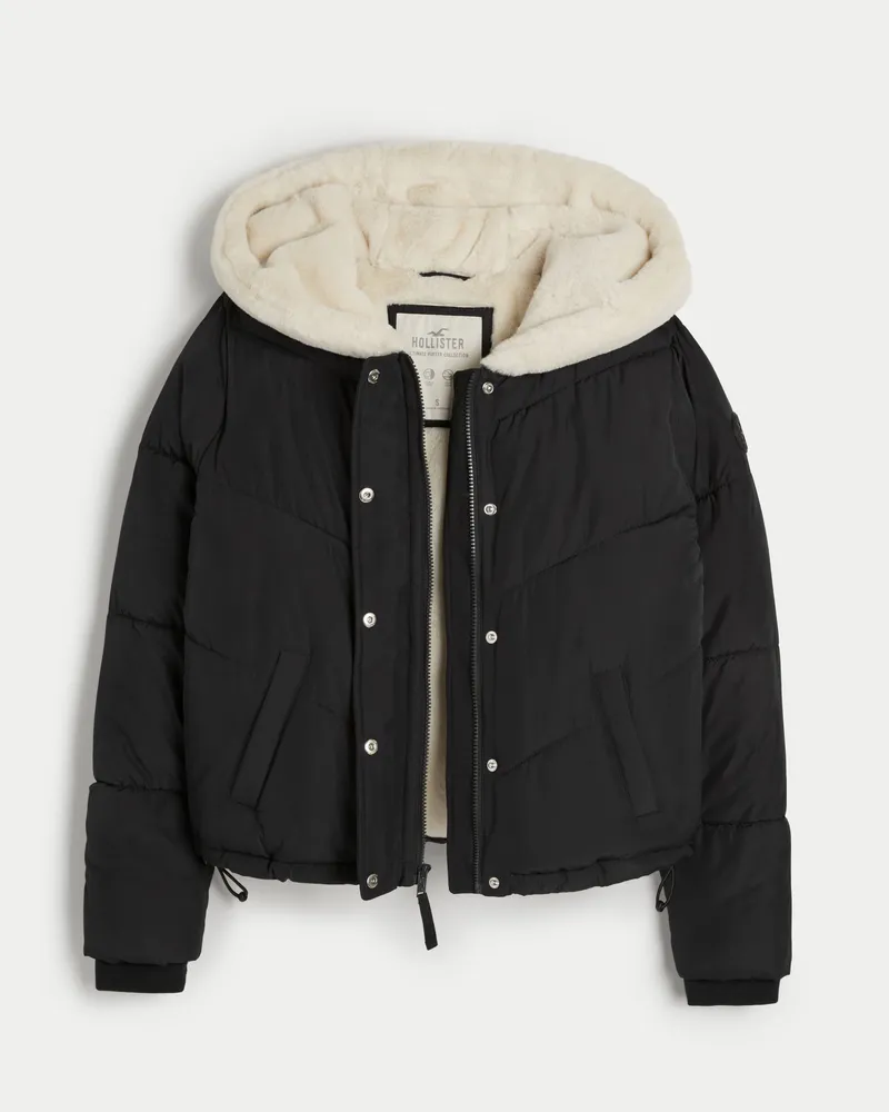 Hollister hooded puffer parka jacket faux fur trim in black