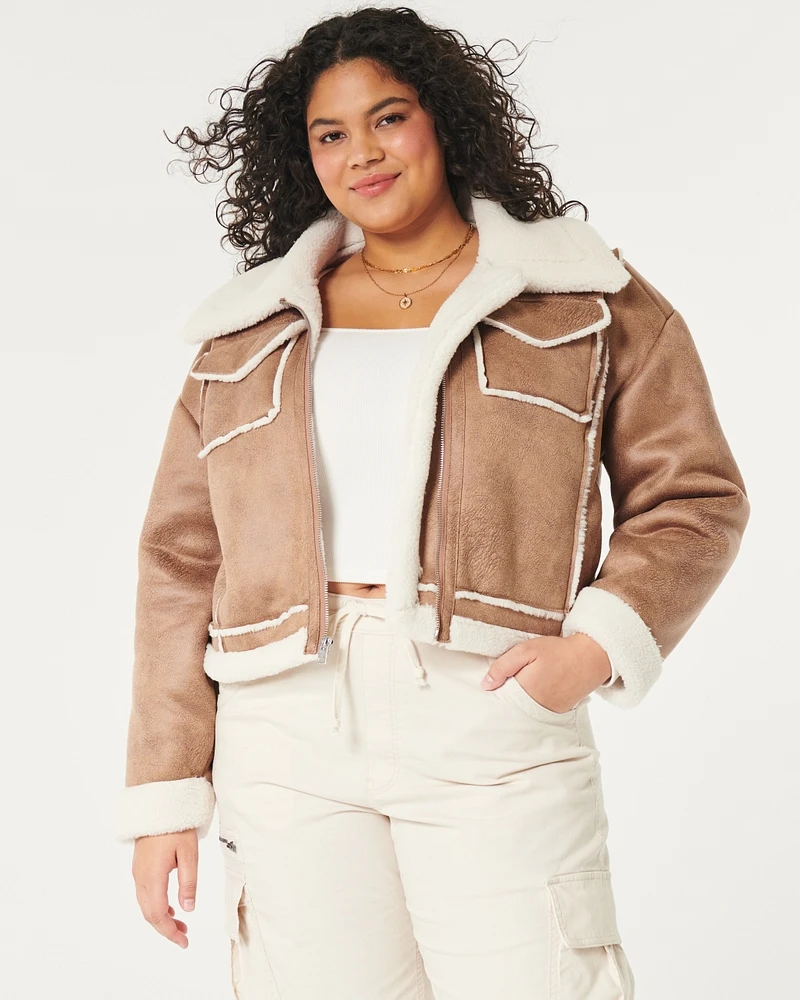 Crop Faux Shearling Biker Jacket