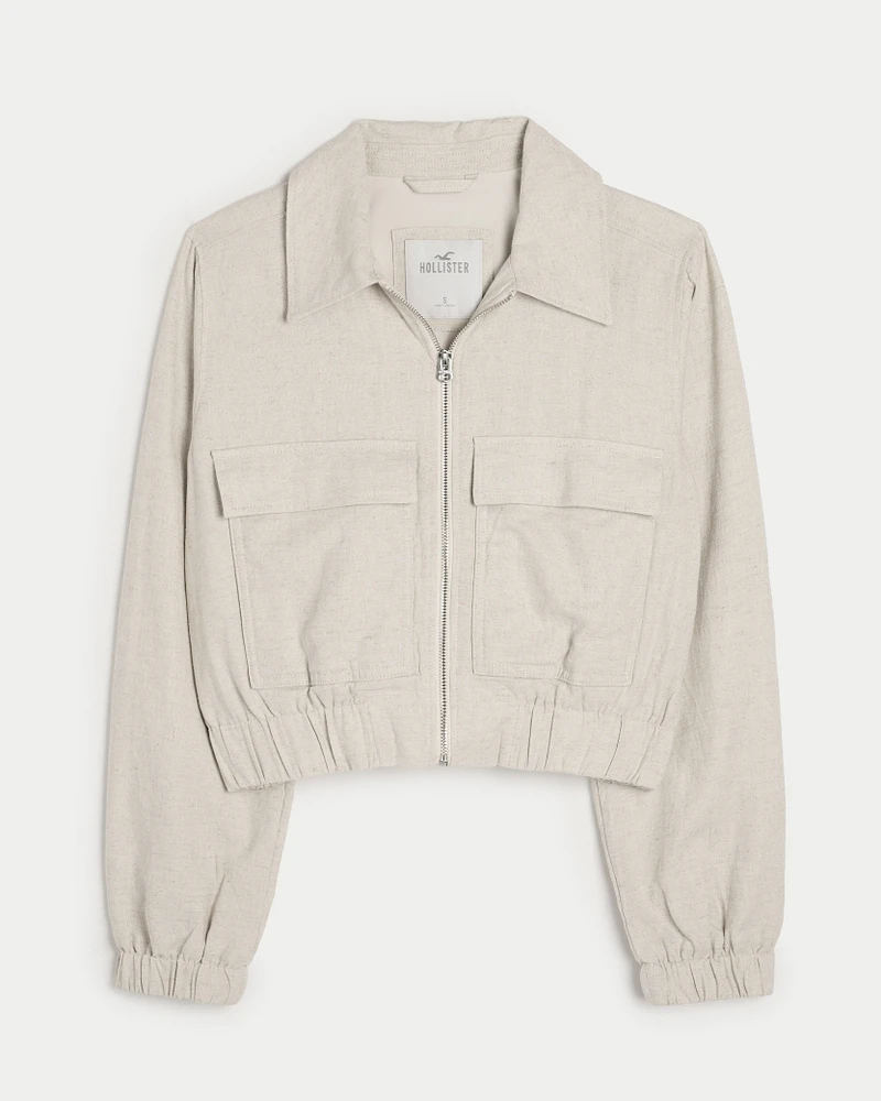 Crop Linen Blend Bomber Jacket