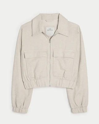 Crop Linen-Blend Bomber Jacket