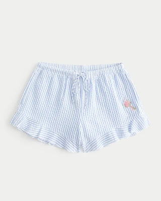 Embroidered Ruffled Seersucker Pajama Shorts