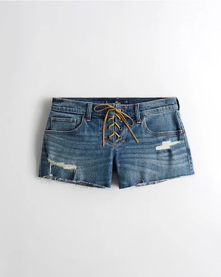 Low-Rise Y2K Ripped Dark Wash Lace-Up Vintage Baggy Short