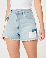 Curvy Ultra High-Rise Light Wash Patchwork Denim Mom Shorts