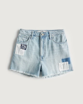 Curvy Ultra High-Rise Light Wash Patchwork Denim Mom Shorts