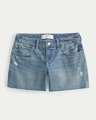 Low-Rise Distressed Medium Wash Baggy Denim Shorts 5"