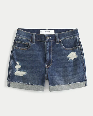 High-Rise Ripped Dark Wash Denim Shortie Shorts