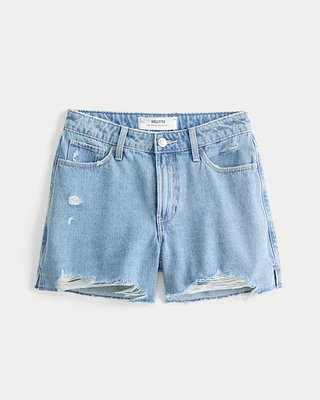 High-Rise Ripped Medium Wash Relaxed Denim Shorts 5"