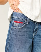 Low-Rise Dark Wash American Flag Graphic Baggy Jort