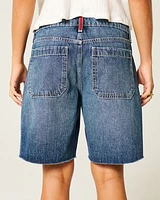 Low-Rise Dark Wash American Flag Graphic Baggy Jort