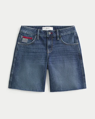 Low-Rise Dark Wash American Flag Graphic Baggy Jort