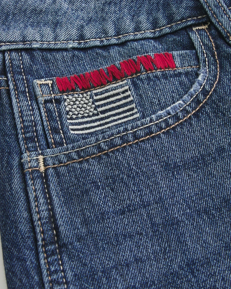 Low-Rise Dark Wash American Flag Graphic Baggy Jort