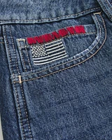 Low-Rise Dark Wash American Flag Graphic Baggy Jort