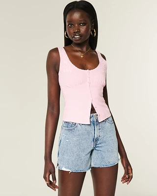 High-Rise Medium Wash Shell Embroidered Baggy Denim Shorts 5"
