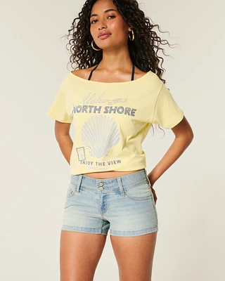 Low-Rise Light Wash Floral Pocket Denim Shortie Shorts