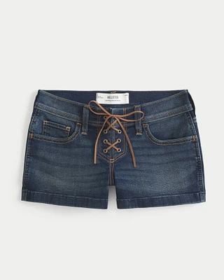 Low-Rise Dark Wash Lace Up Denim Shortie Shorts