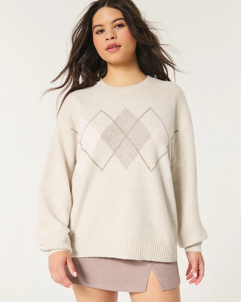 Oversized Argyle Pattern Crew Sweater