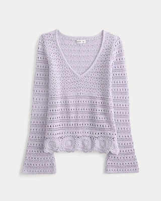 Crochet-Style V-Neck Sweater