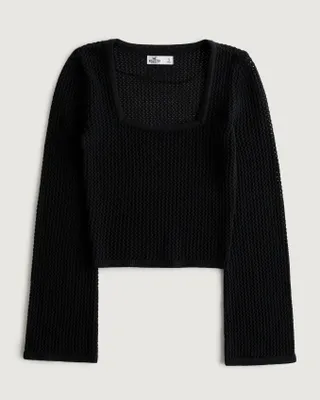 Long-Sleeve Square-Neck Crochet Sweater