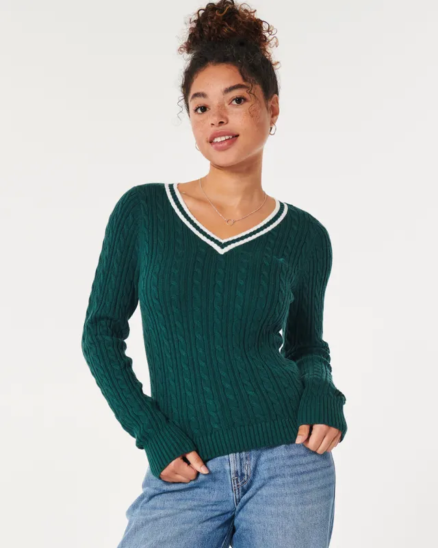Slouchy Cable-Knit Cropped V-Neck Sweater