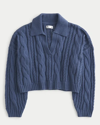 Easy Long-Sleeve Cable-Knit Polo Sweater