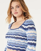 Long-Sleeve Square-Neck Crochet-Style Sweater