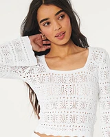 Long-Sleeve Square-Neck Crochet-Style Sweater