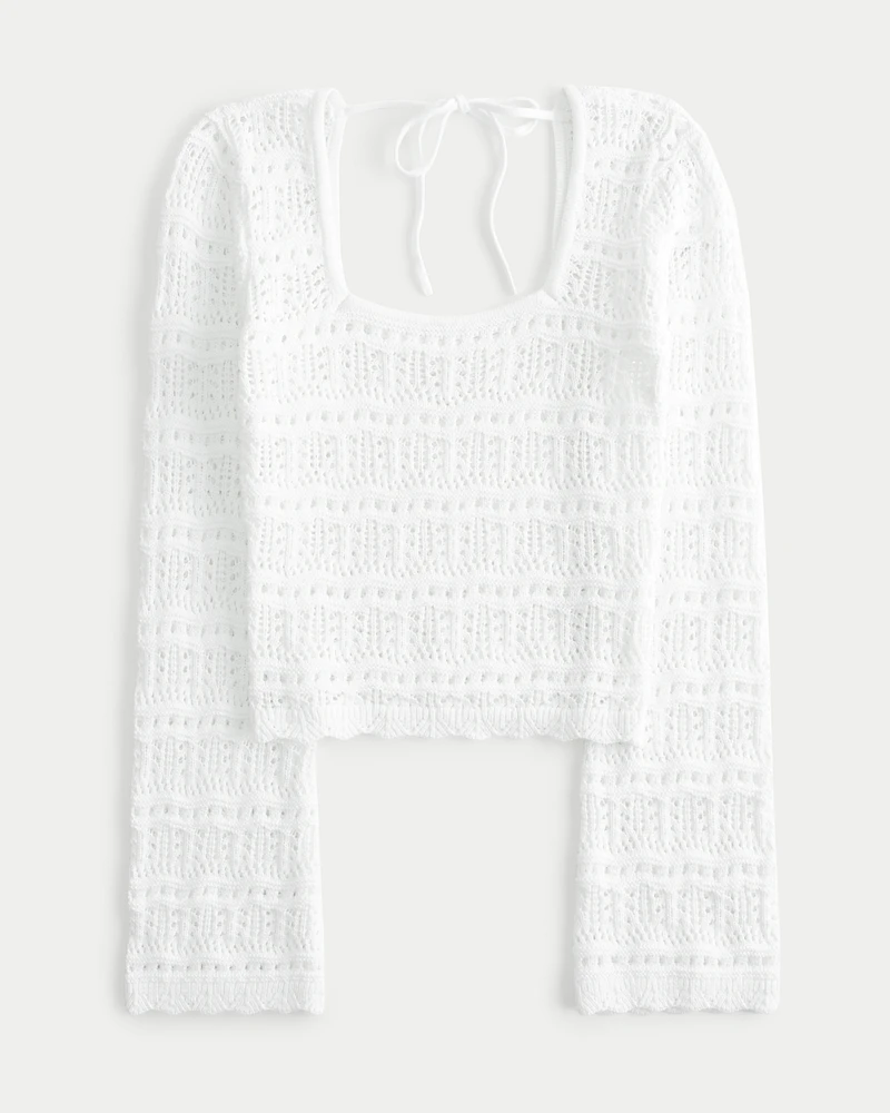 Long-Sleeve Square-Neck Crochet-Style Sweater