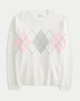 Oversized Argyle Pattern Crew Sweater