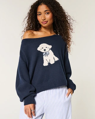 Hollister Comfy Cloud Easy Off-the-Shoulder Puppy Graphic Sweater