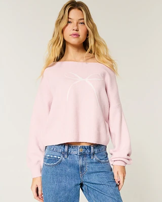 Hollister Comfy Cloud Easy Off-the-Shoulder Bow Graphic Sweater