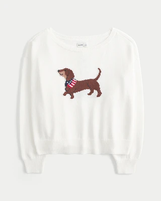 Slouchy Off-the-Shoulder Dachshund Graphic Sweater